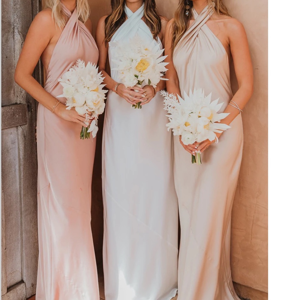 Show me your mumu bridesmaid dress, jasmine halter dress in champagne luxe.